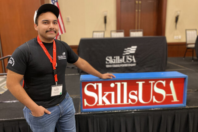 TSTC Building Construction Technology student Alfredo Martinez accepted a job offer from Morton Buildings during the SkillsUSA Texas Postsecondary Leadership and Skills Conference in Houston.