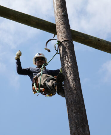 TSTC Electrical Lineworker and Management Technology student Christian Perez demonstrates his climbing skills recently in the pole yard at TSTC’s Fort Bend County campus.