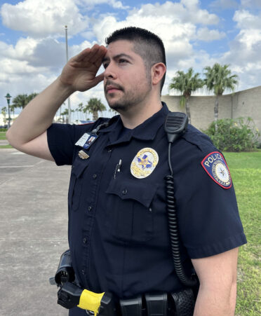 Photo caption: TSTC police officer Juan Munoz salutes in recognition of National Law Enforcement Appreciation Day, which will be observed on Jan. 9. (Photo courtesy of TSTC.)