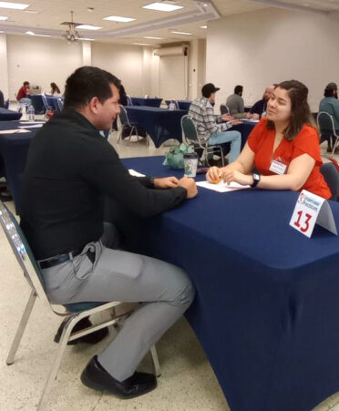 David Gonzalez, a TSTC Building Construction Technology student, discusses his job qualifications with Stephanie Florez, a career counselor and case manager for the Valley Initiative for Development and Advancement in Mercedes, during a recent TSTC Career Services Interview Practicum.