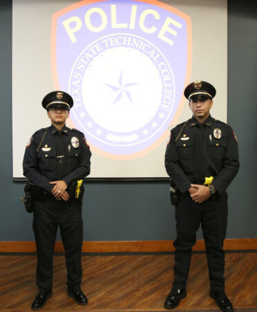 New campus police officers Camryn Gonzalez (left) and Alfredo Elizondo recently pledged their commitment to the TSTC police department at a swearing-in ceremony at the Harlingen campus.