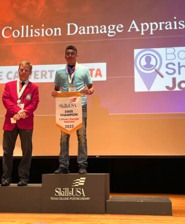 Alfredo Molina (right), a TSTC Auto Collision and Management Technology student, earned a gold medal in Collision Damage Appraisal and Total Loss Evaluation at the recent SkillsUSA Texas Postsecondary Leadership and Skills Conference in Houston.