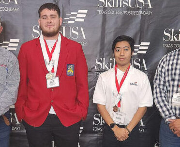 Philip Taylor (second from left) and Axel Torres (second from right) earned gold medals at the SkillsUSA State Leadership and Skills Conference earlier this month. The TSTC students qualified for the national conference scheduled for June 19-23 in Atlanta, Georgia. Also pictured are the students’ instructors, Russell Benson (left) and Arnoldo Soto (right).