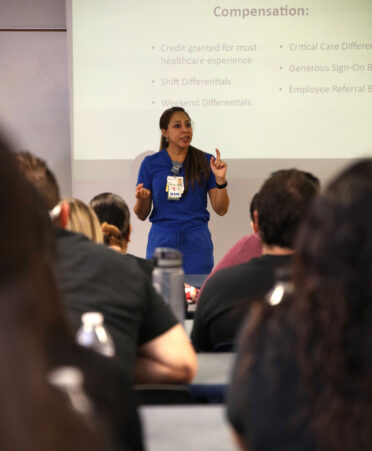 Esmeralda Lopez, comprehensive medical unit director for Valley Baptist Medical Center, speaks with TSTC Nursing students about her work experience there during a recent employer spotlight at TSTC’s Harlingen campus.
