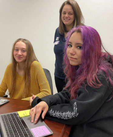 Roscoe Collegiate High School students Linnea Elmore (left) and Patience Perez (right) are dual enrollment students in TSTC’s Digital Media Design program. Also pictured is Shelby Bennett, a dual enrollment representative at TSTC’s Sweetwater campus.