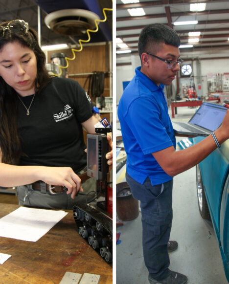 Jessica Alaniz (left photo), a TSTC Wind Energy Technology student, will compete in Robotics: Urban Search and Rescue at the SkillsUSA National Leadership and Skills Conference. Alfredo Molina (right photo), an Auto Collision and Management Technology student, will compete in Collision Damage Appraisal and Total Loss Evaluation.