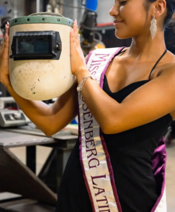 TSTC student comfortable in both welding helmet and beauty pageant crown