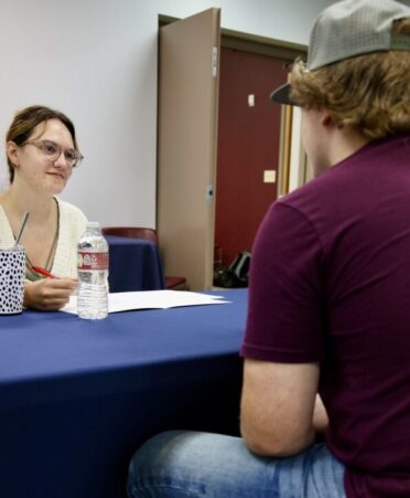 TSTC housing director Jenna Peterson (left) holds a practice interview for a Marshall campus student. (Photo courtesy of TSTC.)