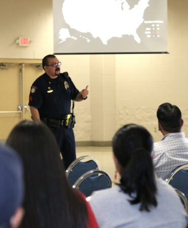 TSTC police sergeant Michael Salinas conducts a recent Civilian Response to Active Shooter Events (CRASE) training session for TSTC employees at TSTC’s campus in Harlingen.