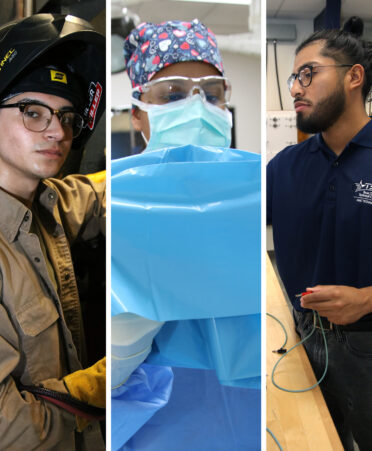 TSTC Welding Technology student Gustavo Guerrero (left), Surgical Technology student Joana Yanez (center) and HVAC Technology student Nathaniel Alvarado are first-generation Hispanic college students who are gaining a hands-on technical education at TSTC’s Harlingen campus.