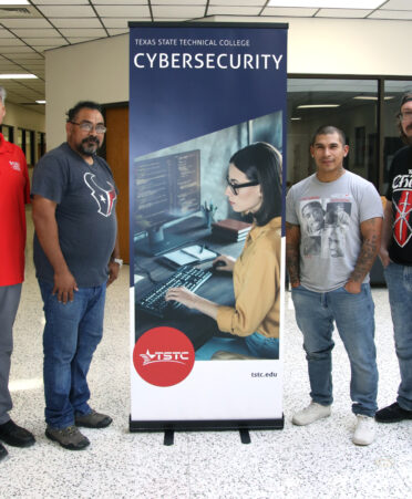 TSTC Cybersecurity instructor and team coach Alejandro Alcoser (left) is pictured with students (from left) David Murillo, Cesar Herrera and Ricardo de Leon, who are training for the National Cyber League competition at TSTC’s Harlingen campus. Not pictured are Brandon Martinez and Anna Reyes.