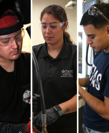 Pictured are (from left) TSTC Welding Technology student Everardo Aguirre, Mechatronics Technology student Ruby Castillo and Precision Machining Technology student Rene Garay Jr. are learning the foundation of a hands-on career during National Manufacturing Week at TSTC’s Harlingen campus.