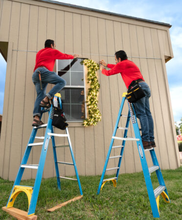 On the left are ways not to use a ladder, while on the right is the proper way to use a ladder.