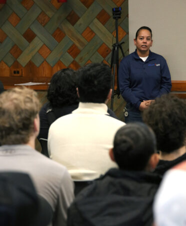 Eva Gonzalez, field support technical specialist for Nordex Group, speaks with TSTC Wind Energy Technology students about available job opportunities during a recent employer spotlight at TSTC’s Harlingen campus.