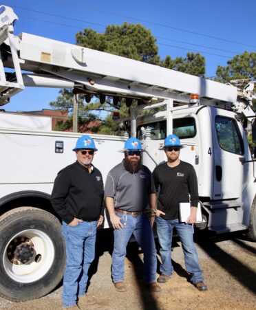 Electrical Lineworker and Management Technology instructors (left to right) Mark Bayliss, Jeremy Grimes and Samuel Roberts each worked several natural disasters with Southwestern Electric Power Co. before coming to teach at TSTC. (Photo courtesy of TSTC.)