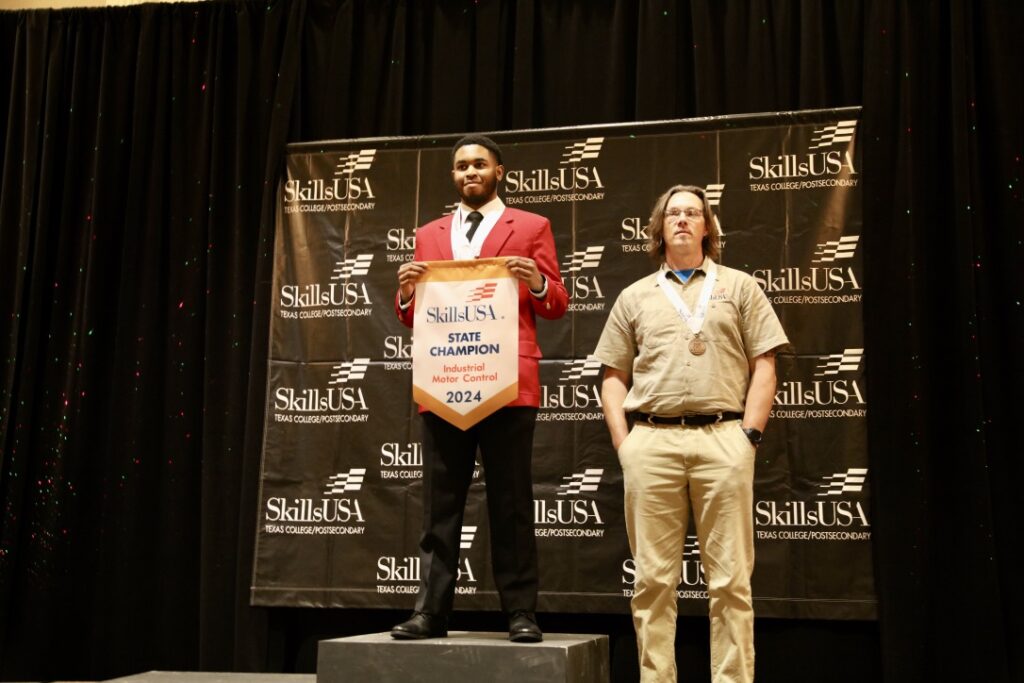 TSTC student Tristan Matthew (left) won gold medals for both Action Skills and Industrial Motor Control at the 2024 SkillsUSA Texas Postsecondary State Leadership and Skills Conference. (Photo courtesy of TSTC.)