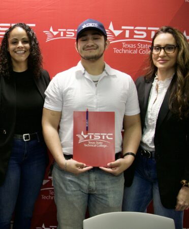 Photo caption: Isaiah Lozano (center), son of TSTC campus enrollment executive Michelle Atkinson (right), will attend TSTC’s Process Operations program in the fall. (Photo courtesy of TSTC.)