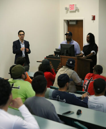 Representatives from Clean Energy Services speak with TSTC Electrical Lineworker and Management Technology students about potential job opportunities during a recent employer spotlight at TSTC’s Harlingen location.