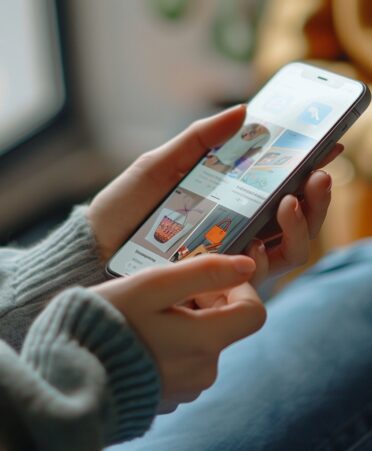 A person holds a cell phone between two hands to scroll through a shopping website.