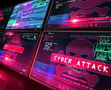 Cyber attack red alert with skull symbol on computer screen with glitch effect. Hacking, breach security system, cybercrime, piracy, digital safety and identity theft concept 3d illustration.