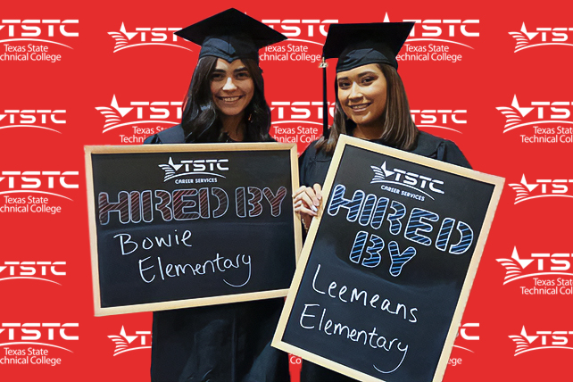 TSTC graduate posing in cap & gown holding a chalkboard showcasing their new employer.