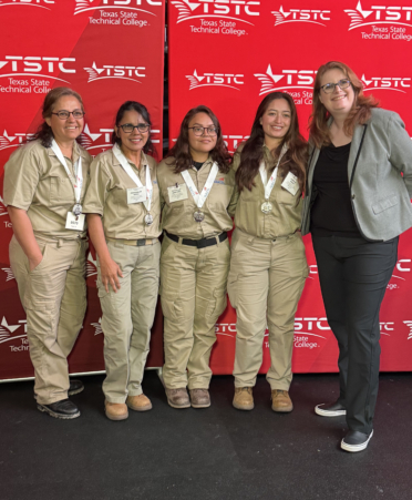 TSTC Building Construction Technology students from the Harlingen campus (from left) Diana Zuniga, Esmeralda Reyes, Michelle Martinez and Pamela Perez pose with TSTC’s associate vice chancellor of enrollment management, Christine Stuart-Carruthers, in Corpus Christi after receiving silver medals in the TeamWorks event at the SkillsUSA Texas Postsecondary Leadership and Skills Conference held April 2-5.