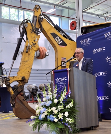 Bart Day, provost of TSTC’s Marshall campus, gives a speech at the ribbon-cutting for TSTC’s new Diesel Power Technologies Center. (Photo courtesy of TSTC.)