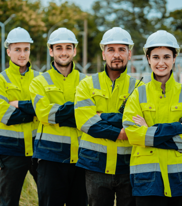 a group of people wearing hard hats and jackets