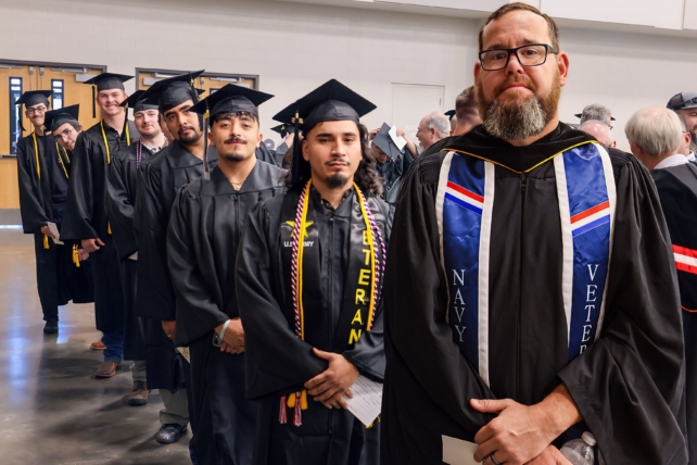 Photo caption: Students in the Aviation Maintenance program gather with instructor Bryan Christian (right) before the start of Texas State Technical College’s Summer 2025 Commencement held Wednesday, Aug. 27 at the BASE at Extraco Events Center in Waco. (Photo courtesy of TSTC.)