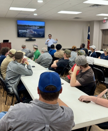 Amado Azua, human resources director for Ledwell, recently spoke to 53 TSTC Welding students about employment opportunities at the company’s Texarkana location. (Photo courtesy of TSTC.)