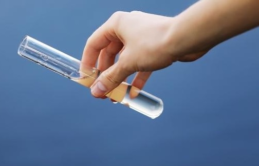 Hand holding test tube with water