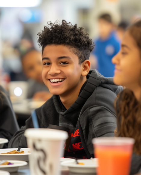 Students socializing in a cafeteria.