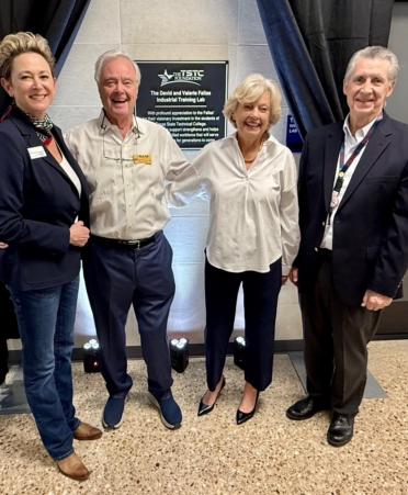 Photo caption: The WorkSITE, an accelerated workforce training partnership between Texas State Technical College, the city of Waco and McLennan County, held a plaque dedication on Wednesday, Oct. 8, for longtime supporters David and Valerie Fallas, founders of Fallas Automation in Waco. Shown are (from left) Beth Wooten, provost of TSTC’s Waco campus, David and Valerie Fallas, and Mike Reeser chancellor and CEO of TSTC. (Photo courtesy of TSTC.)