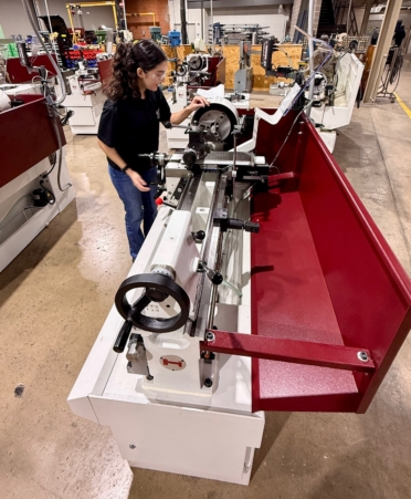Photo caption: Samantha Higham of League City works on a new Harrison M300 lathe in a Precision Machining lab at Texas State Technical College’s Waco campus. (Photo courtesy of TSTC.)