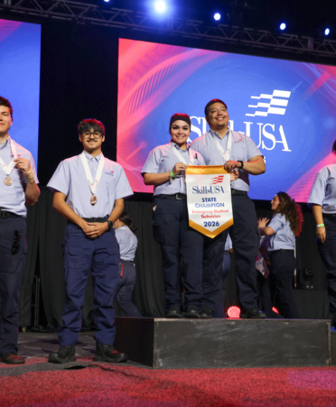 Liana Rios and Joseph Amaro (center), Emergency Medical Services students at Texas State Technical College’s Harlingen campus, earned the gold medal in the Emergency Medical Technician contest at the recent 2026 SkillsUSA Texas Postsecondary Leadership and Skills Conference in Corpus Christi. Also pictured are Giselle Garcia (right), who earned a silver medal, and Josiah Flores (left) and Rey Martinez (second from left), who earned the bronze medal. Not pictured is Maria Ortiz, who earned a silver medal.