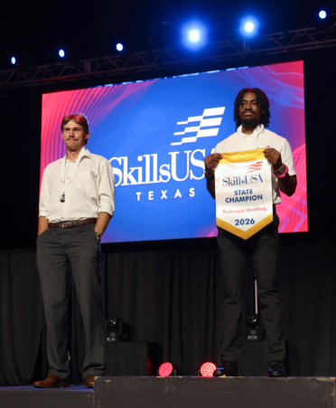 Ryan Dunn (right) received a gold medal in Technical Drafting at the recent 2026 SkillsUSA Texas Postsecondary Leadership and Skills Conference in Corpus Christi. (Photo courtesy of TSTC.)