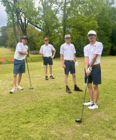 (Left to right) Braylon Rayes, Riley Roys, Clark Walters, and Josh Covington are Electrical Lineworker and Management students at Texas State Technical College’s Marshall campus who participated in the third annual Jonathan Holland Memorial Scholarship Golf Tournament. (Photo courtesy of TSTC.)