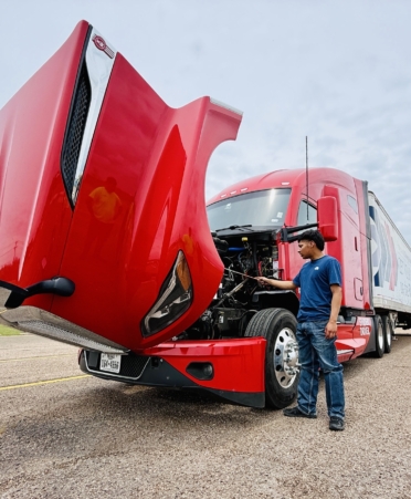 Photo caption: Alex Orozco, of Corsicana, is a third-semester Electrical Lineworker and Management student at Texas State Technical College’s Waco campus. Orozco is shown performing a pre-driving inspection. (Photo courtesy of TSTC.)