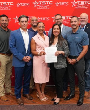 From left, Art Perez, Xavier Ramirez,, Marc Evans, all sales representative at Stryker Trauma; Chantelle Grant, medical education program manager at Stryker Trauma; Yolanda Ramirez, TSTC’s Surgical Technology program team lead; JJ Vavra, associate provost at TSTC’s Harlingen campus; David Carr, regional sales manager at Stryker Trauma; and Ronnie Pitts, associate provost at TSTC’s Harlingen campus, celebrate the signing of a memorandum of understanding between TSTC and Stryker Trauma.