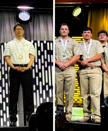 photo-output (1) Photo caption: Texas State Technical College in Waco students James Chung, left, received the gold medal in Telecommunications Cabling and the TeamWorks group, right, consisting of Luke Latham, of College Station; Oscar Flores, of Belton; Mason Szabo, of Princeton, Texas; and Jonathan Wendell, of San Antonio, received the silver medal. The students took part in the 2026 SkillsUSA National Leadership and Skills Conference held June 1-5 in Atlanta, Georgia. (Photo courtesy of TSTC.)