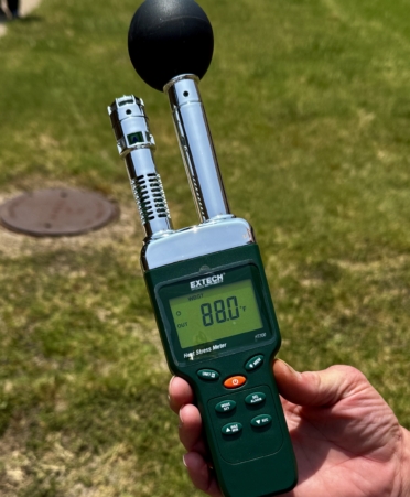 IMG_9106 Photo caption: Starting this academic year, the University Interscholastic League is mandating the use of wet bulb globe temperature meters be required for use in outdoor activities. Students in Texas State Technical College’s Occupational Safety and Environmental Compliance program learn how to use these meters in the Industrial Hygiene class. (Photo courtesy of TSTC.)